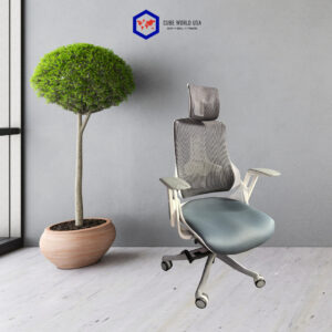 OFS White & Grey ergonomic office chair with headrest and mid-back support.