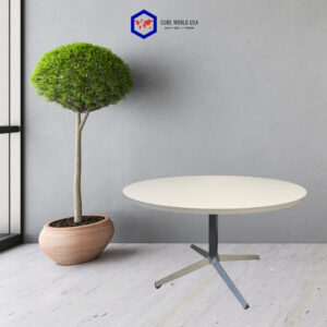White round table with steel base, ideal for office or home use, modern design.