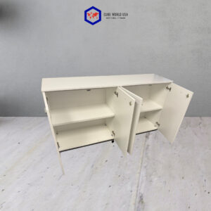 White double door credenza with two sections, ideal for modern home storage solutions.