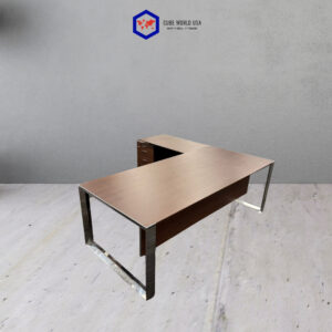Executive Espresso L-Shape Desk with Chrome Base for modern office spaces.