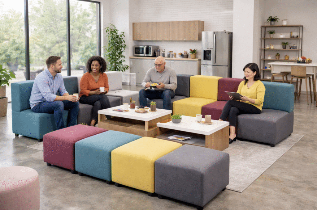 Office break room with vibrant, comfortable seating for employee rest zones.