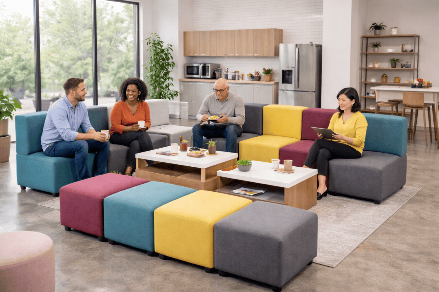 Office break room with vibrant, comfortable seating for employee rest zones.