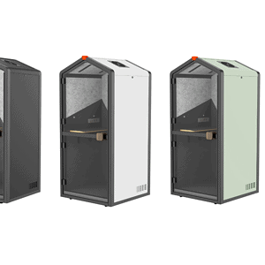 Acoustic Privacy Pod for focused work and meetings, available in black, white, and green.