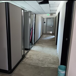 Modern Herman Miller A02 85" tall office cubicles with door, dark tone trim, grey fabric panels.