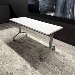 Nesting table with white top and silver base, ideal for versatile office or conference room setups.