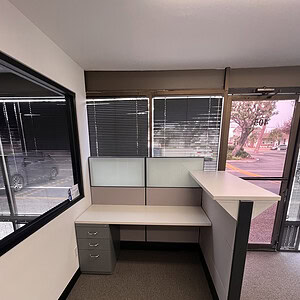 Ethospace reception desk with hi-lo work surface, 46”/54”, customizable size.