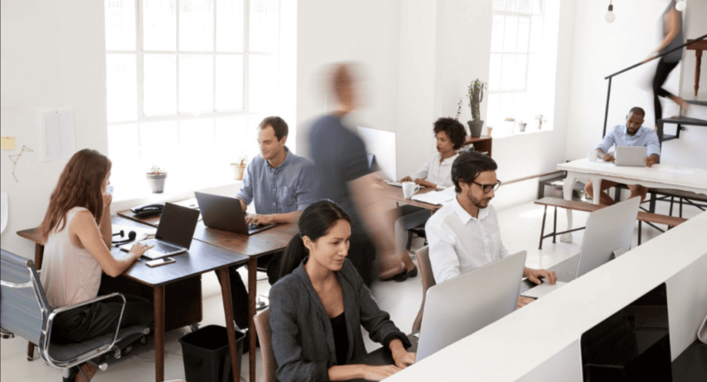 Office workspace with employees collaborating and working on laptops in a bright, modern environment.
