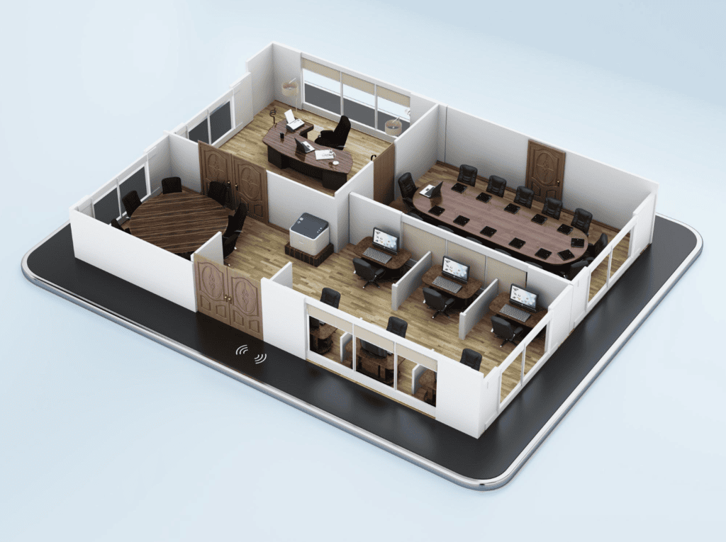 Office floor plan with furniture layout for expanding company growth.