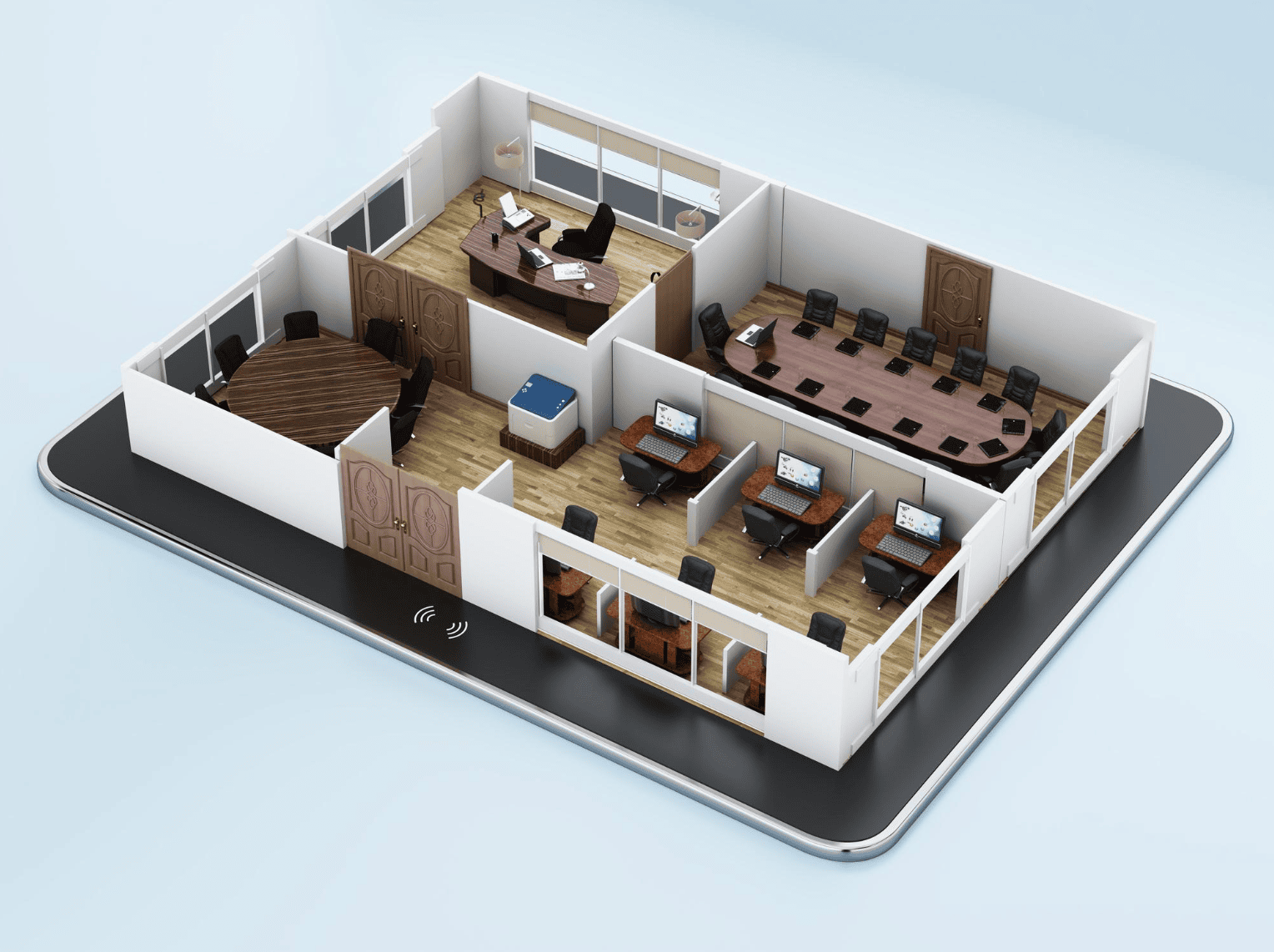 Office floor plan with furniture layout for expanding company growth.