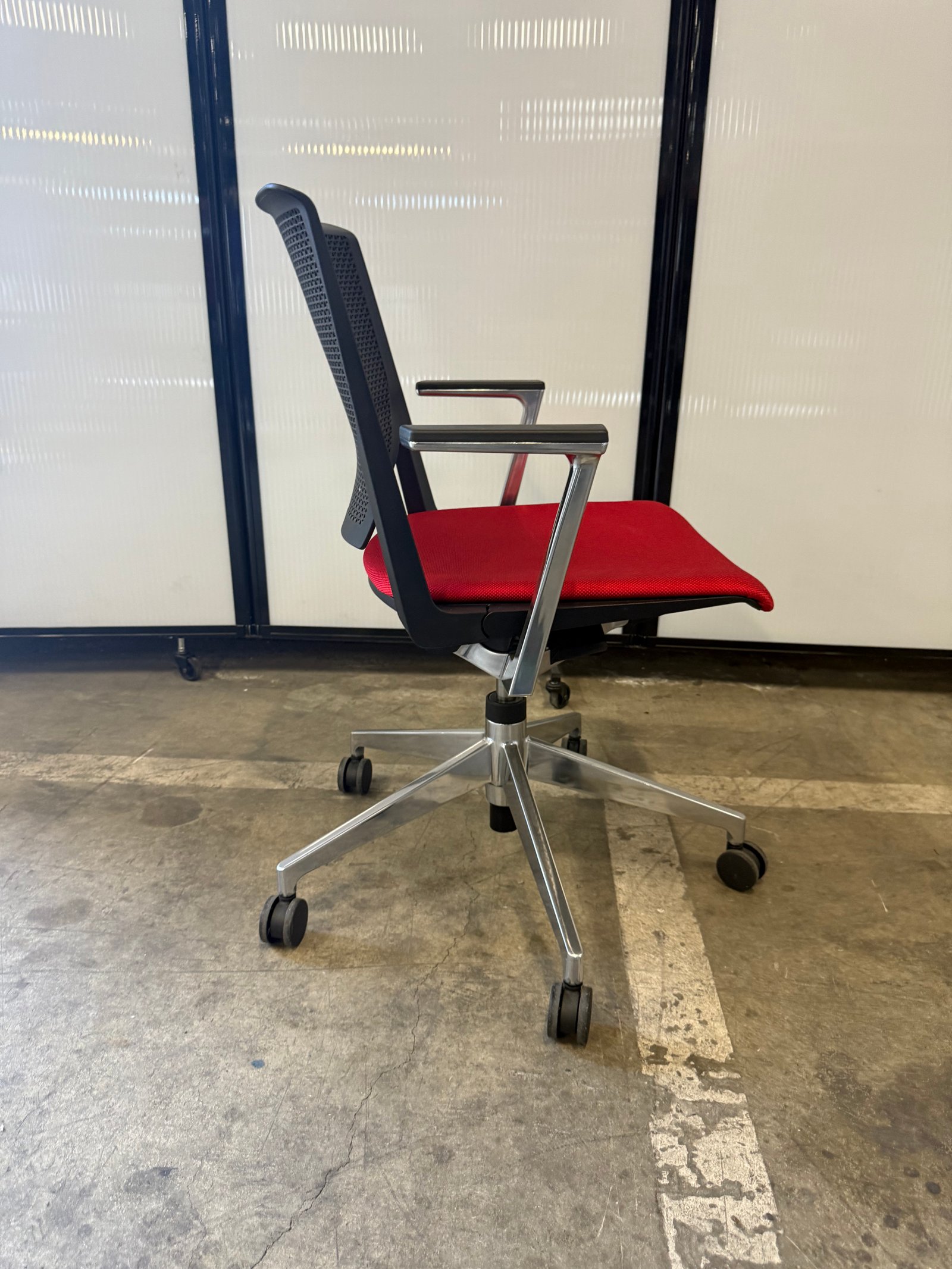Haworth Very chrome base red fabric & black perforated back