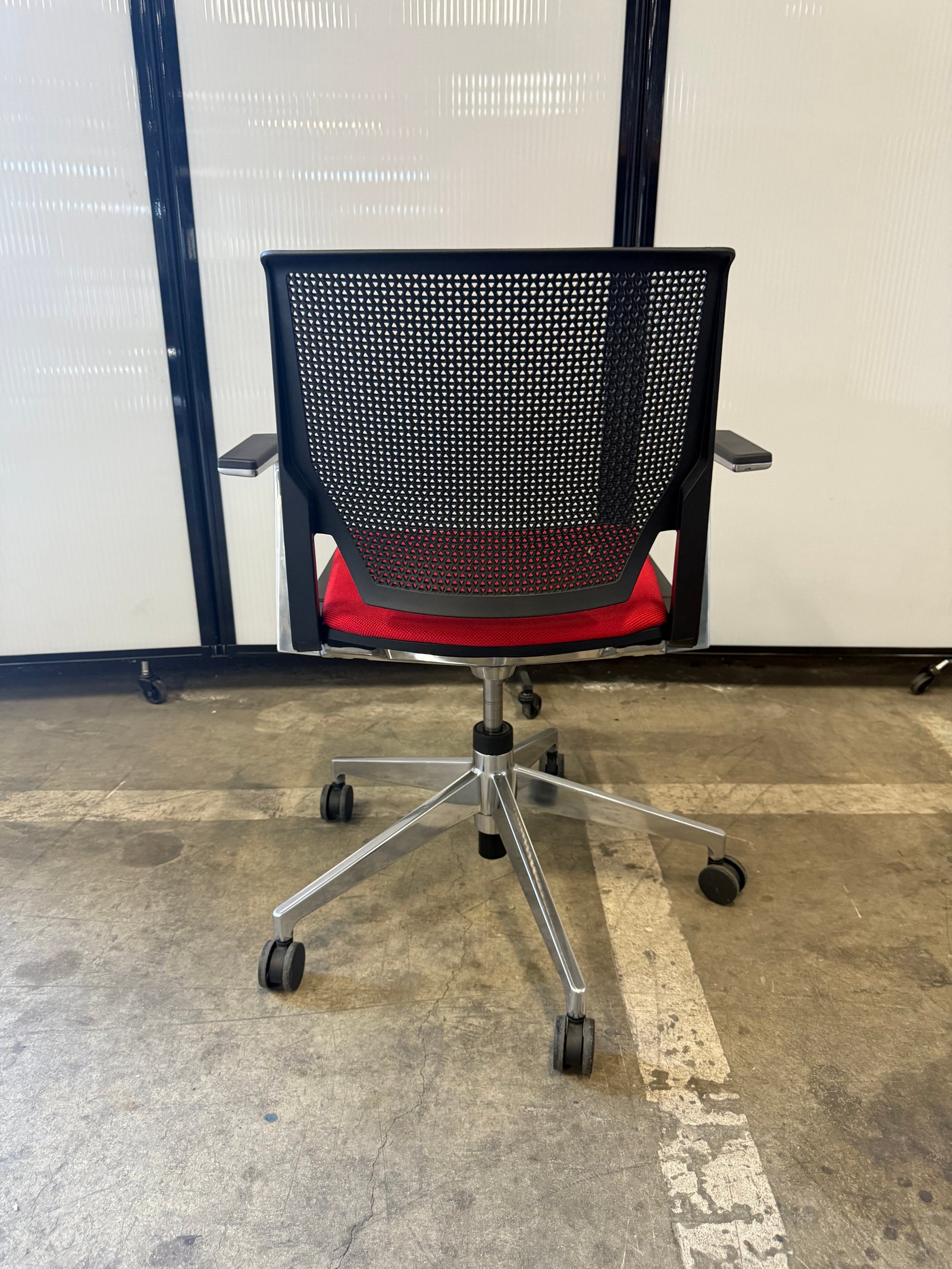 Haworth Very chrome base red fabric & black perforated back