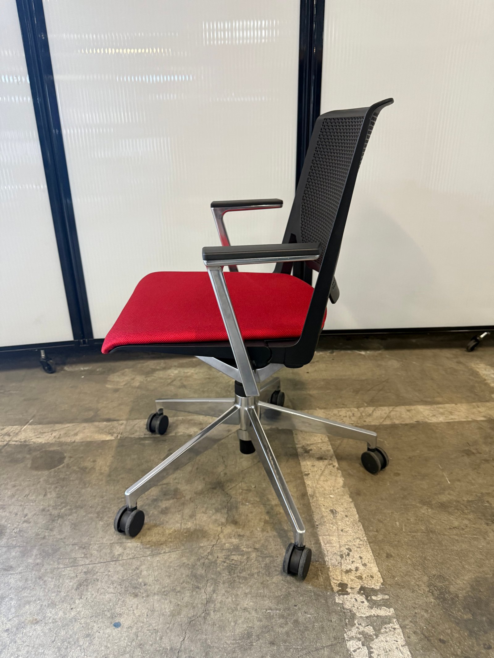 Haworth Very chrome base red fabric & black perforated back