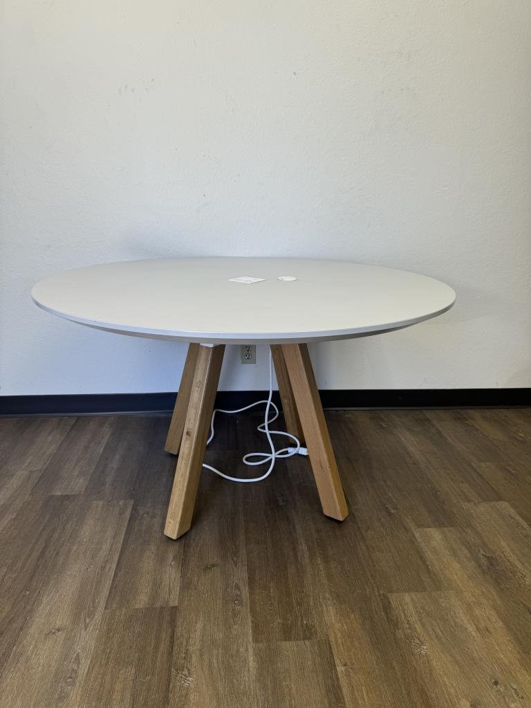 Knoll powered 48in round grey top wood legs