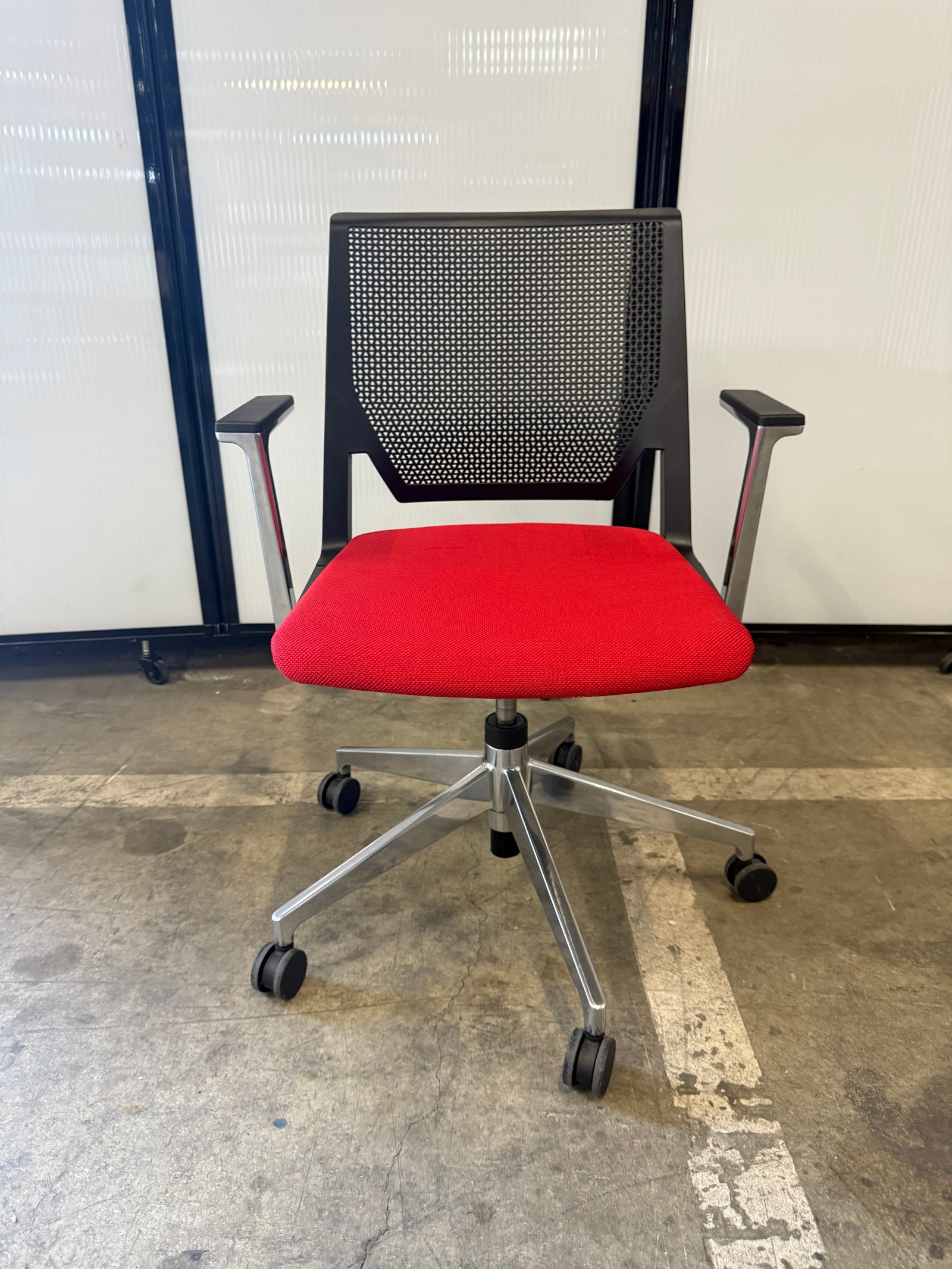 Haworth Very chrome base red fabric & black perforated back