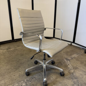 Modern grey and chrome office chair with mid-back design and armrests.