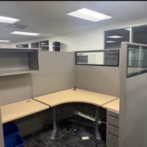 Modern Allsteel cubicles with 66" HAT table, glass panels, and full setup for office productivity.