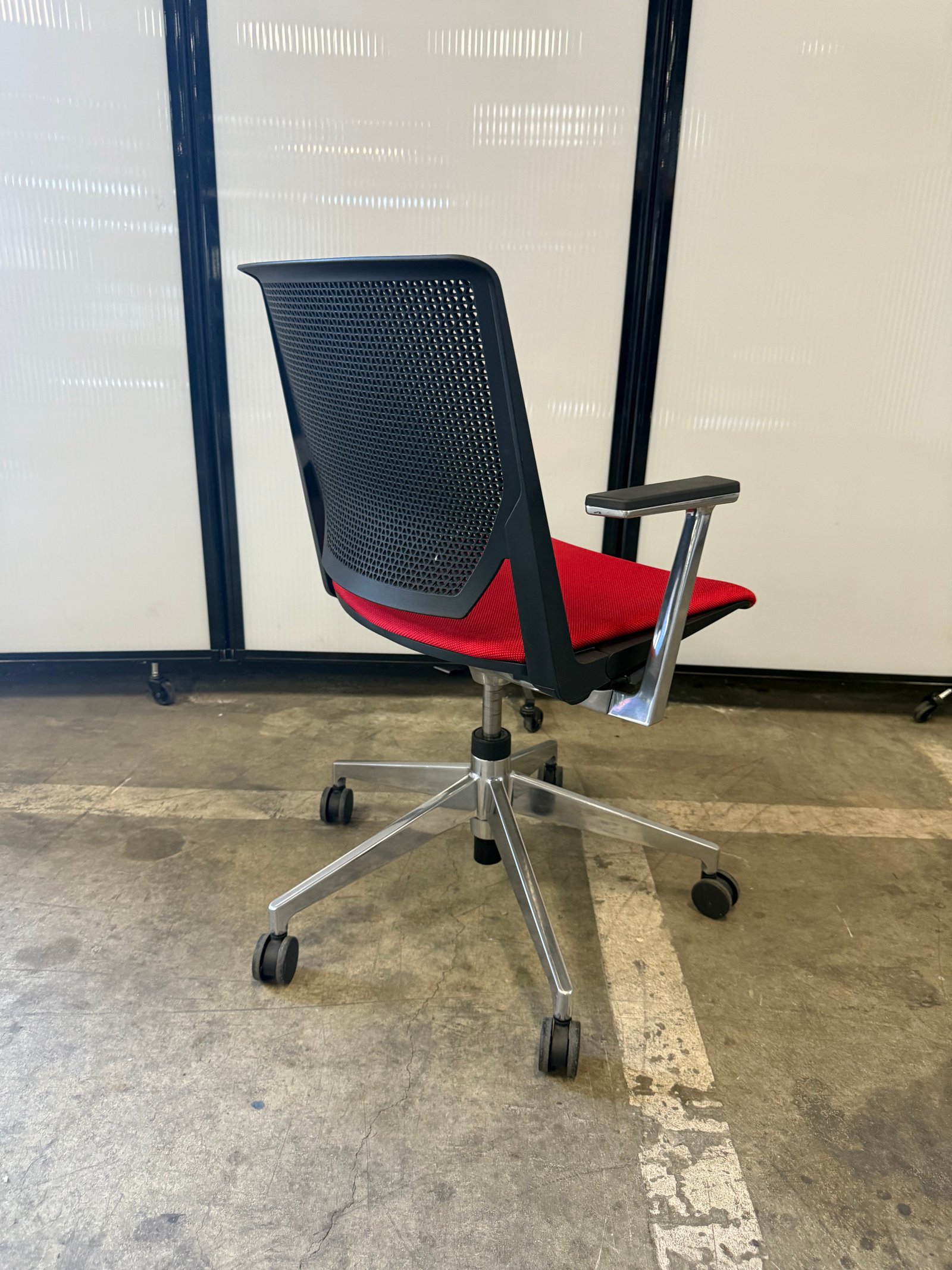 Haworth Very chrome base red fabric & black perforated back