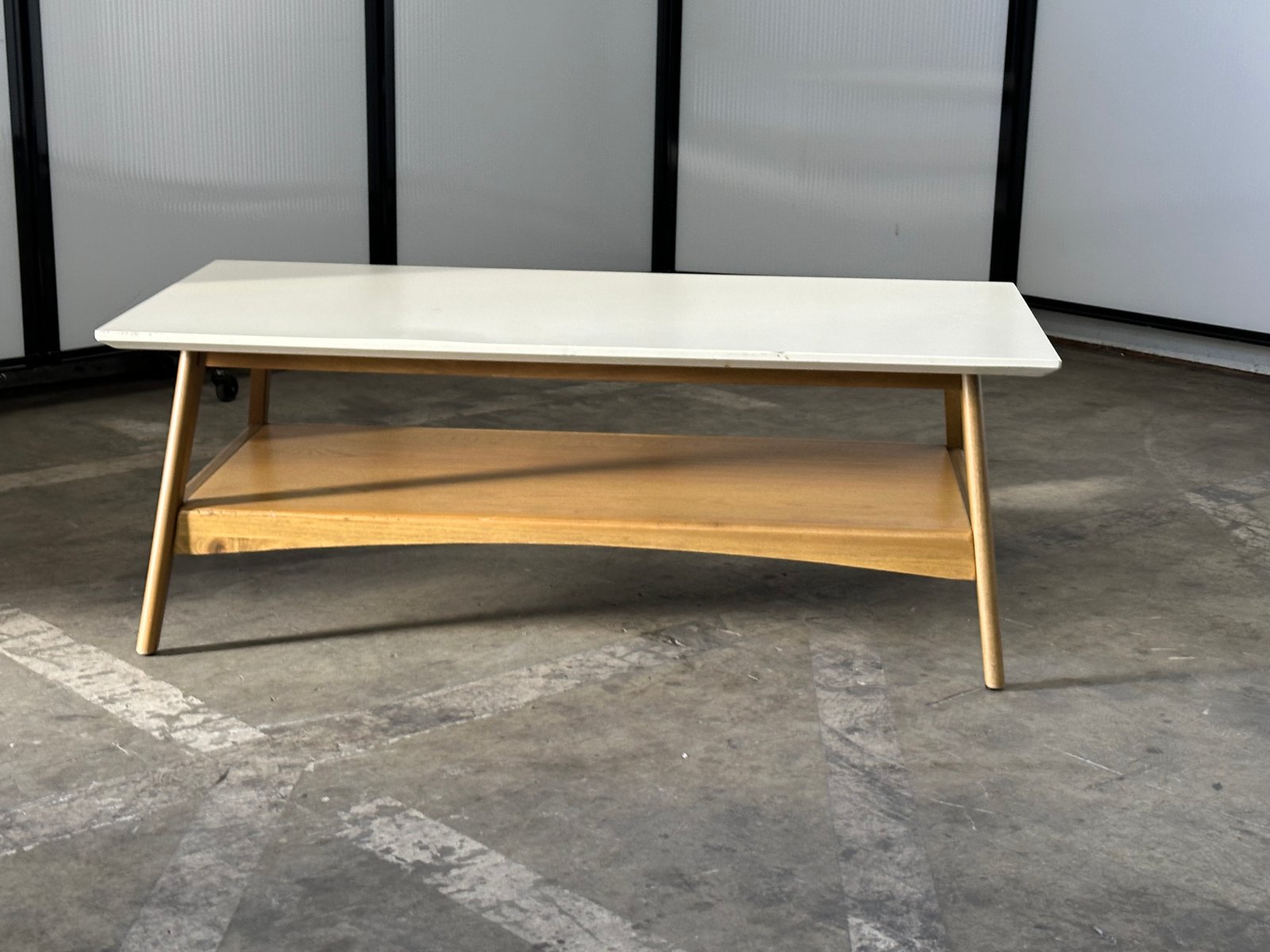 ENE table white top maple base coffee table 4'x2'x18"