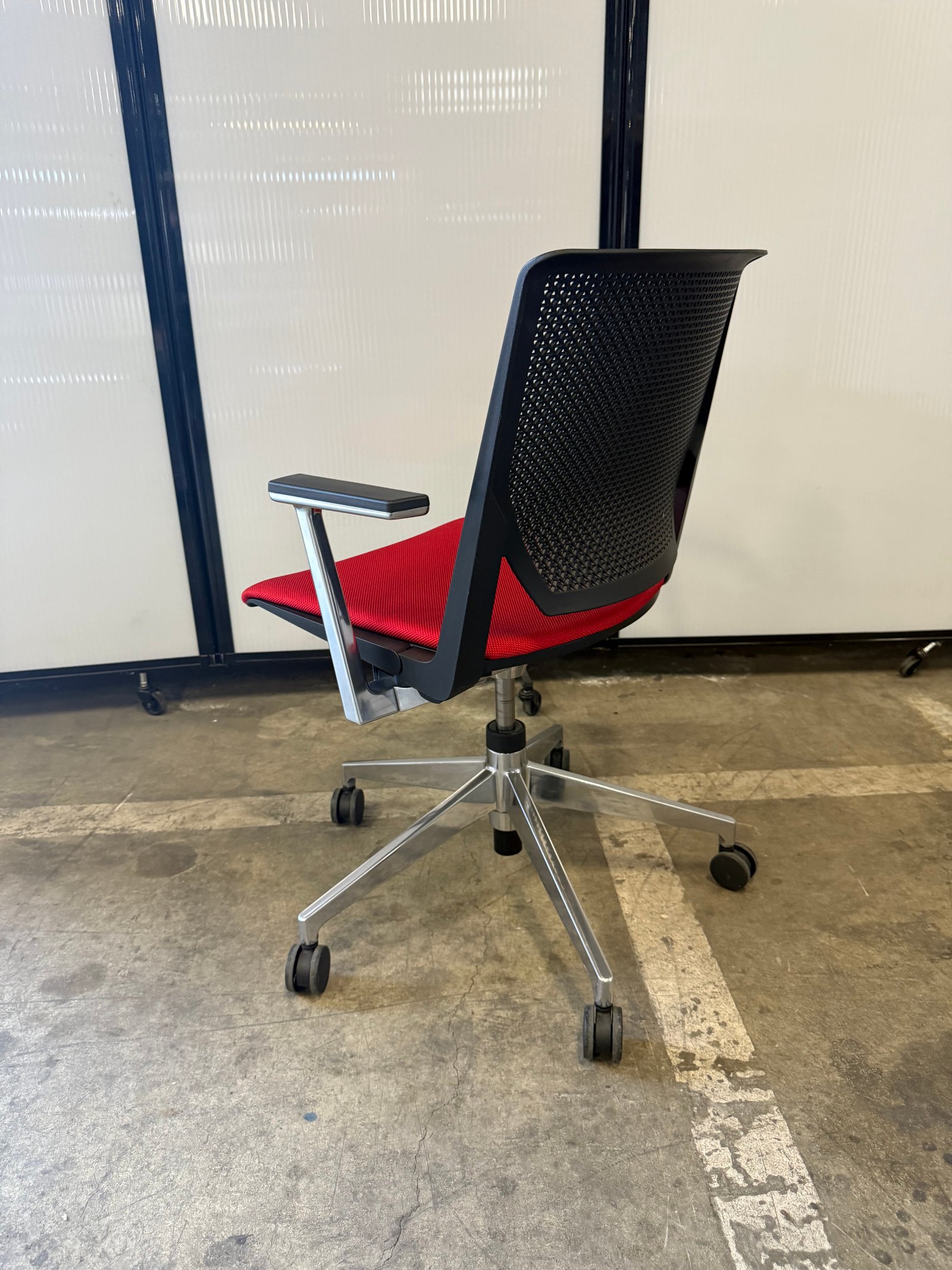 Haworth Very chrome base red fabric & black perforated back