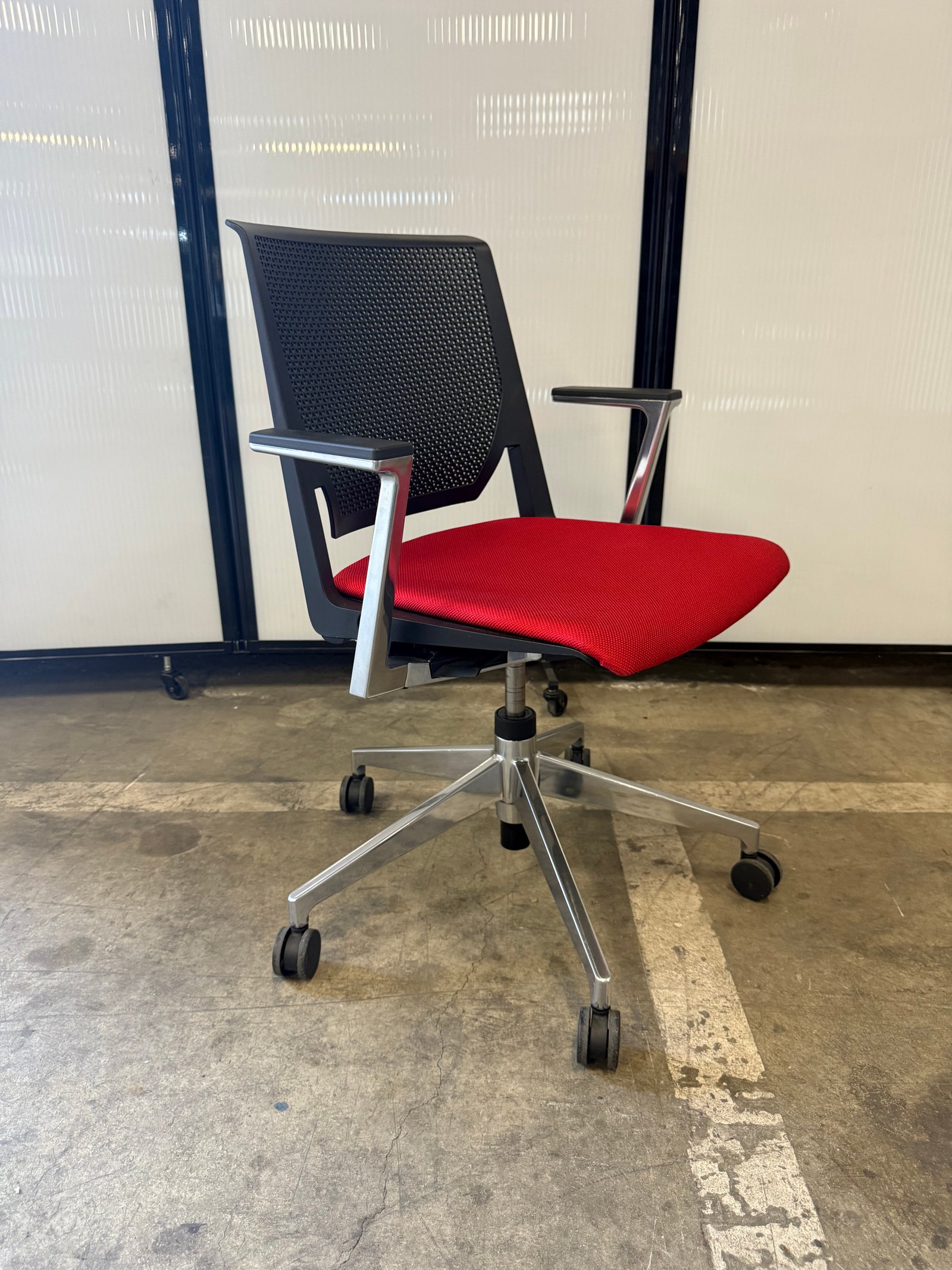 Haworth Very chrome base red fabric & black perforated back