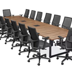 Mid Century Modern Conference Table Powered, 16'x4', Walnut With Black Base
