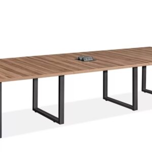 Mid Century Modern Conference Table Powered, 12'x4', Walnut With Black Base