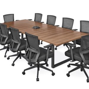 Mid Century Modern Conference Table Powered, 10'x4', Walnut With Black Base