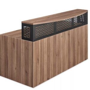 Reception desk with wood finish and black metal decorative panels.