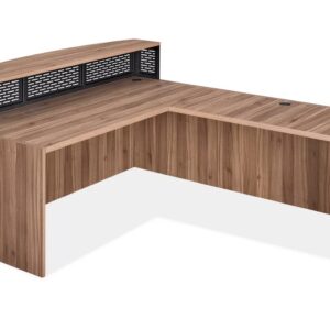 Office desk with built-in storage, cable management, and power outlet for productivity.