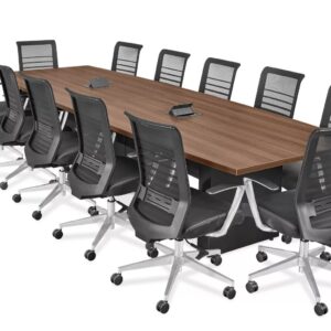 Conference room table with ergonomic office chairs for meetings.