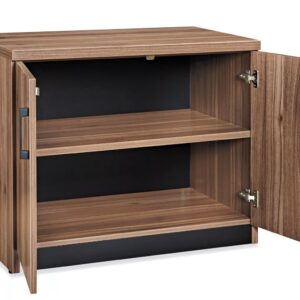 Wooden storage cabinet with two shelves and side door, ideal for home or office organization.