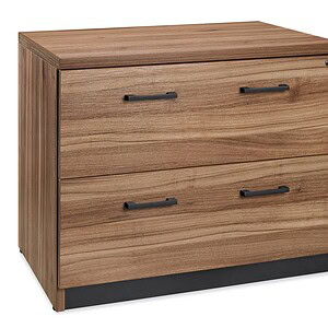 Elegant wooden dresser with three spacious drawers and black handles, ideal for bedroom organization.
