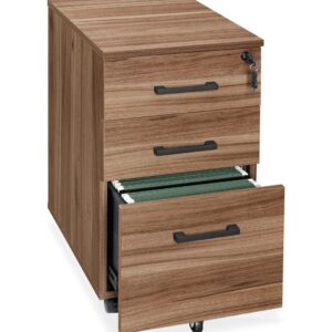 Lockable wooden filing cabinet with three drawers, ideal for office storage and organization.