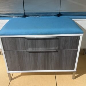 Office storage cabinet with blue cushioned top for workspace organization.