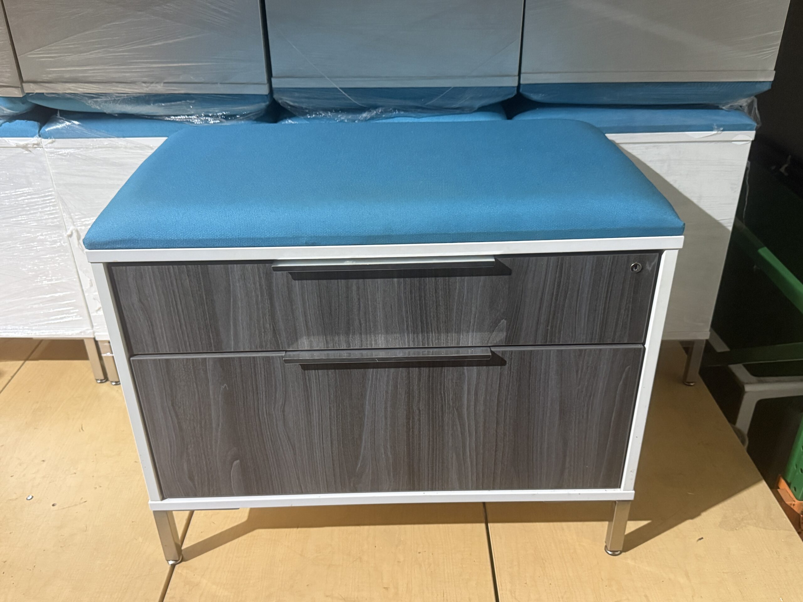 OFS Lowered 33” Driftwood Lateral File W/Removable Cushion Blue or Green