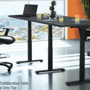 Ergonomic office chairs around a black conference table with a city view in the background.