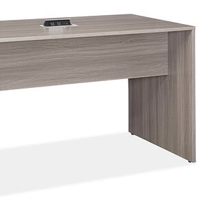 Contemporary wooden office desk with sleek design and cable management port.
