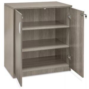 Modern wooden storage cabinet with shelves and lockable door.
