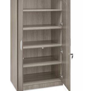 Modern wooden storage cabinet with adjustable shelves and lock for secure organization.