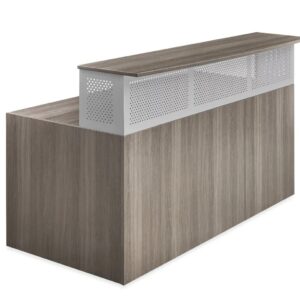 Reception desk with wood surface and perforated metal panel for office or retail space.