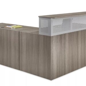 Modern wooden reception desk with perforated metal panel for office or business use.