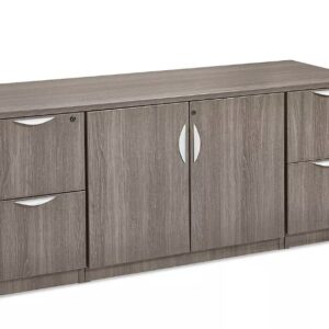 Gray wood sideboard with multiple drawers and cabinets for versatile storage.