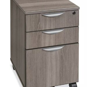Modern gray wood finish mobile pedestal with lockable drawers on casters.