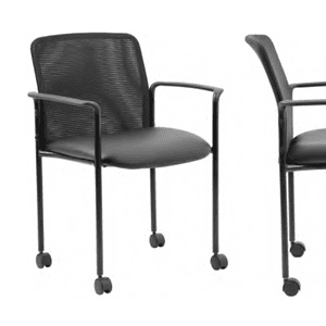 Stackable mesh guest chairs with casters and armrests for office use.