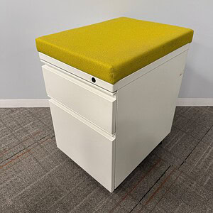 White BF Mobile Pedestal with Mustard Yellow Cushion