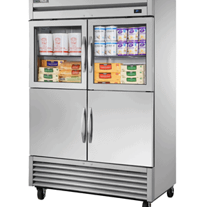 Commercial refrigerator with glass doors displaying dairy products and cheese.