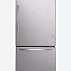 Stainless steel refrigerator with top freezer and bottom fridge section.