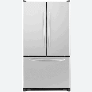 White Amana refrigerator with French doors and bottom freezer.