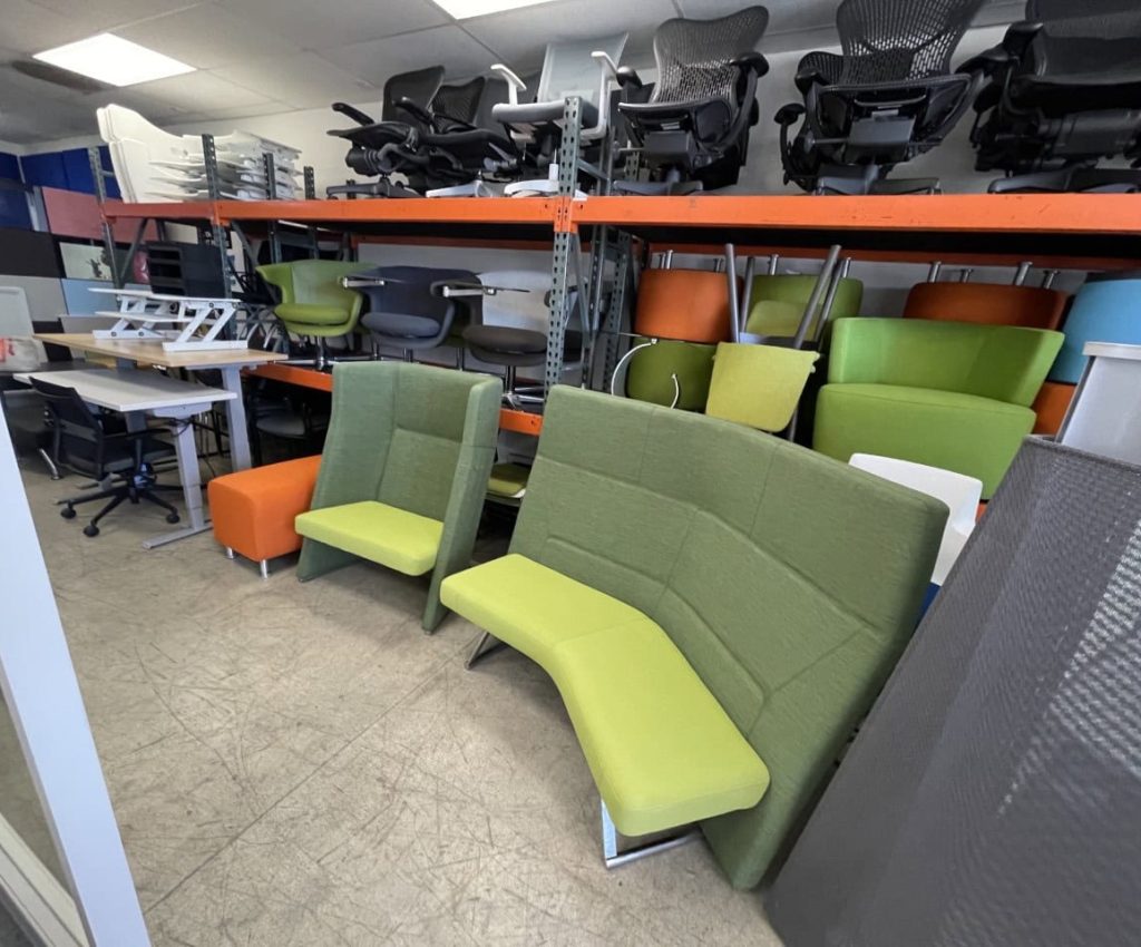 Office furniture including ergonomic chairs and lounge seating for commercial spaces.