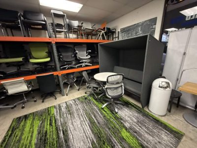 Office furniture display at Cube World USA store.